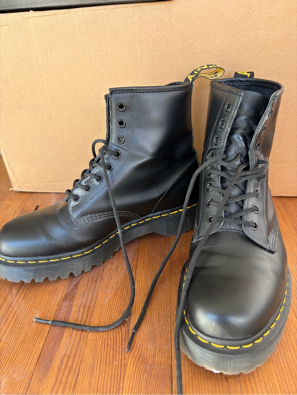 Dr. Martens Black Leather Lace-Up Boots with Yellow Stitching